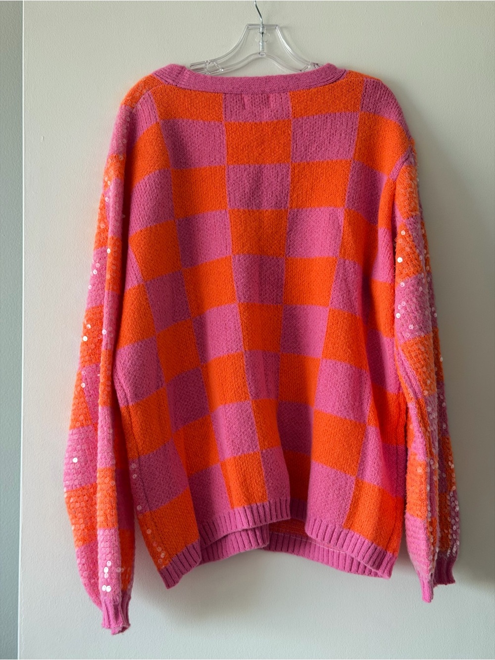 BiBi Pink Orange Checkered Sequin Oversized Cardigan Sweater Knit XL NWT Sparkle - Picture 5 of 10